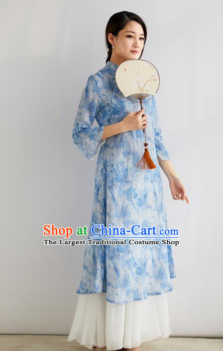 Chinese National Costume Traditional Classical Cheongsam Printing Blue Qipao Dress for Women