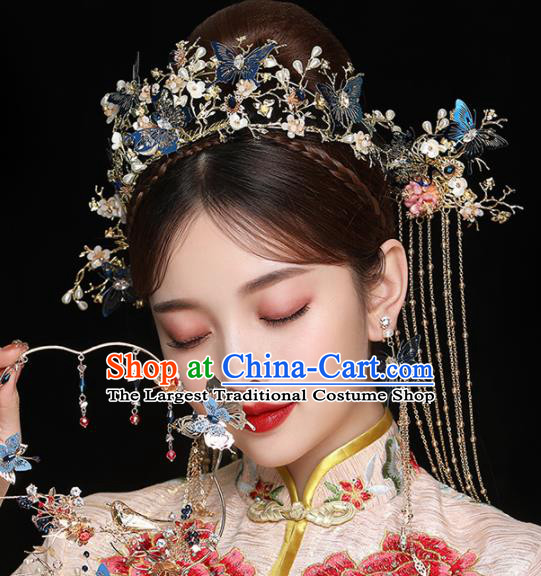 Chinese Ancient Handmade Blue Butterfly Phoenix Coronet Bride Hairpins Traditional Classical Wedding Hair Accessories for Women