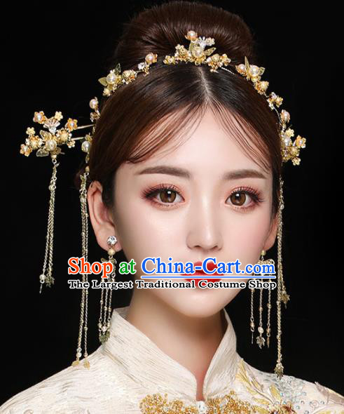 Chinese Ancient Handmade Golden Hair Clasp Bride Hairpins Traditional Classical Wedding Hair Accessories for Women