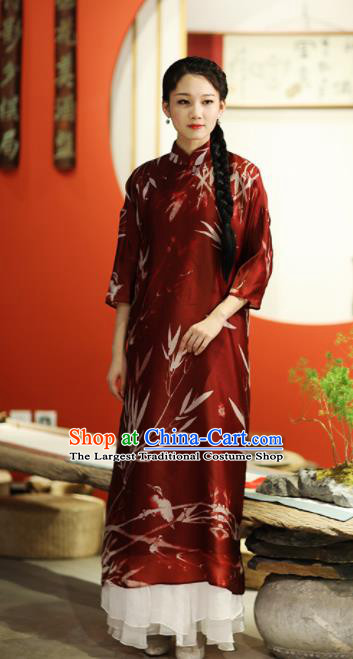 Chinese National Costume Traditional Cheongsam Classical Printing Bamboo Red Qipao Dress for Women