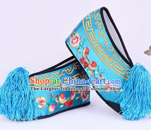 Professional Chinese Beijing Opera Actress Shoes Ancient Princess Lake Blue Embroidered Shoes for Women
