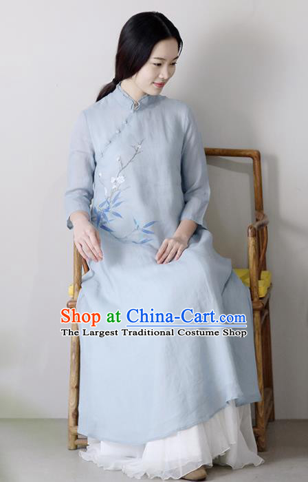 Chinese National Costume Traditional Cheongsam Classical Light Blue Qipao Dress for Women