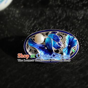 Chinese Traditional Handmade Cloisonne Blue Lotus Leaf Brooch Classical Accessories Breastpin for Women
