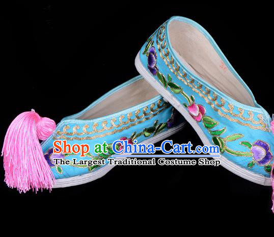 Professional Chinese Beijing Opera Princess Shoes Ancient Peri Deep Blue Embroidered Shoes for Women