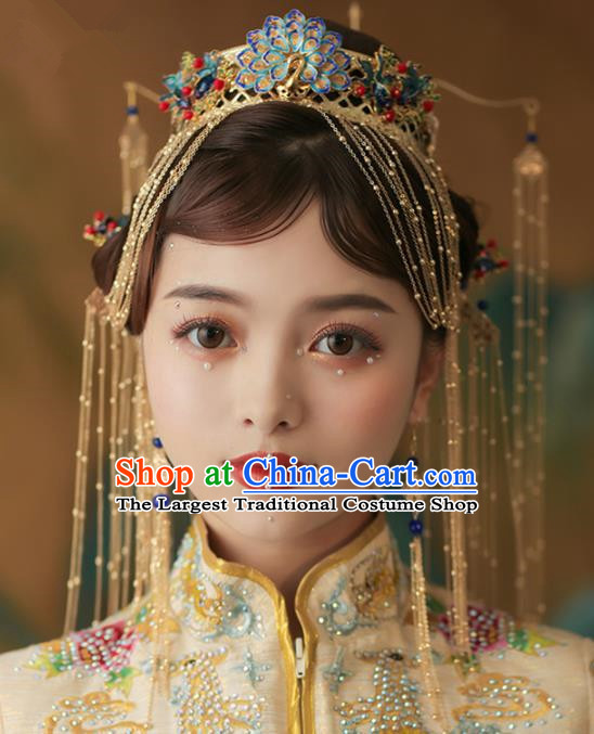 Chinese Ancient Cloisonne Peacock Phoenix Coronet Bride Hairpins Traditional Wedding Hair Accessories for Women