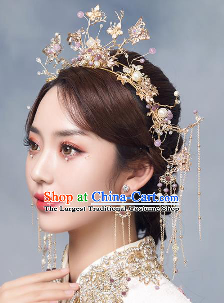 Chinese Ancient Crystal Butterfly Phoenix Coronet Bride Hairpins Traditional Wedding Hair Accessories for Women
