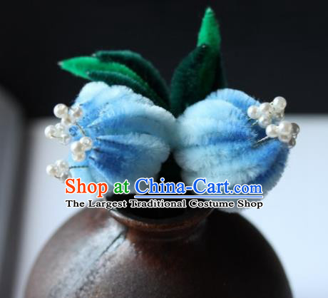 Top Grade Chinese Ancient Palace Light Blue Velvet Flowers Hairpins Traditional Hair Accessories Headdress for Women