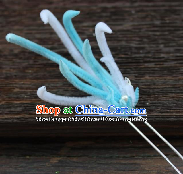 Top Grade Chinese Ancient Palace Queen Blue Velvet Hairpins Traditional Hair Accessories Headdress for Women
