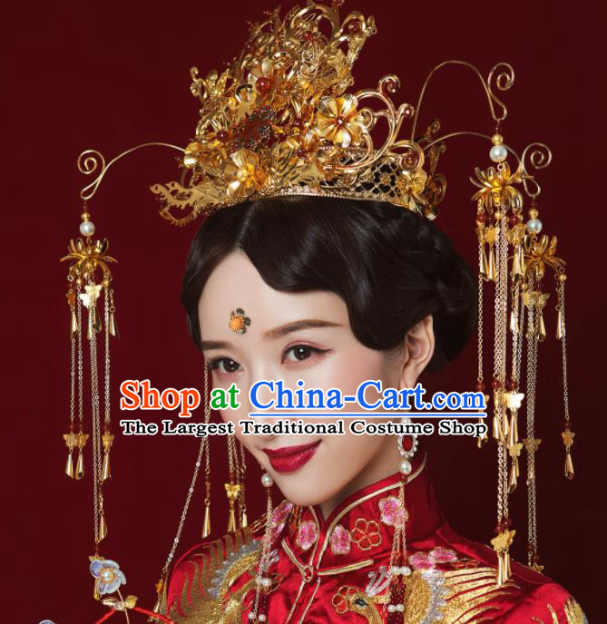 Top Grade Chinese Ancient Queen Golden Phoenix Coronet Hairpins Traditional Hair Accessories Headdress for Women