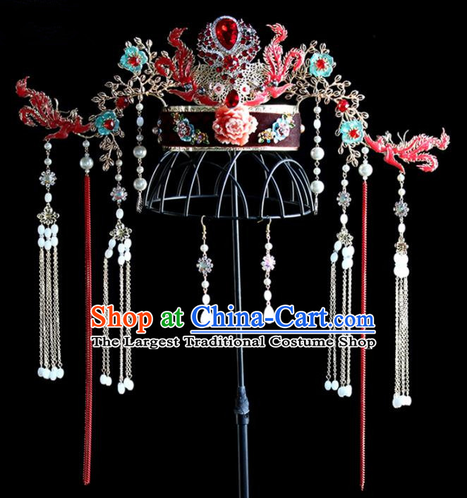 Chinese Ancient Palace Red Phoenix Coronet Hairpins Traditional Wedding Hair Accessories for Women