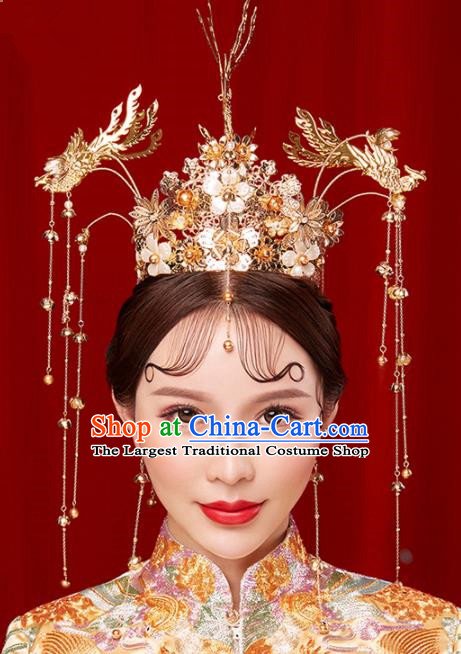 Chinese Traditional Palace Golden Tassel Phoenix Coronet Hairpins Ancient Wedding Hair Accessories for Women