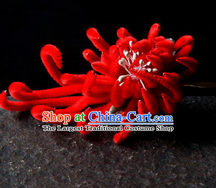 Chinese Traditional Palace Red Velvet Flower Hairpins Ancient Wedding Hair Accessories for Women