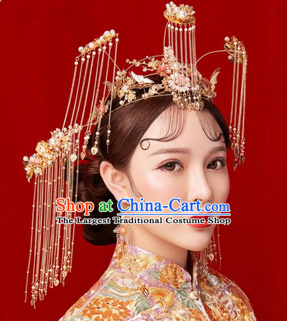 Chinese Traditional Palace Bride Hairpins Ancient Wedding Tassel Phoenix Coronet Hair Accessories for Women