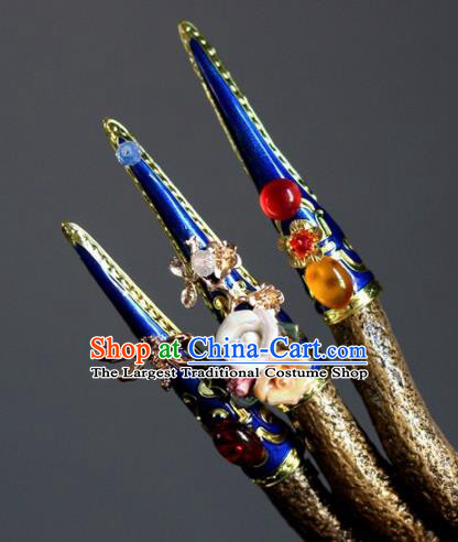 Chinese Handmade Blue Nail Wrap Traditional Ancient Palace Lady Fingerstalls for Women