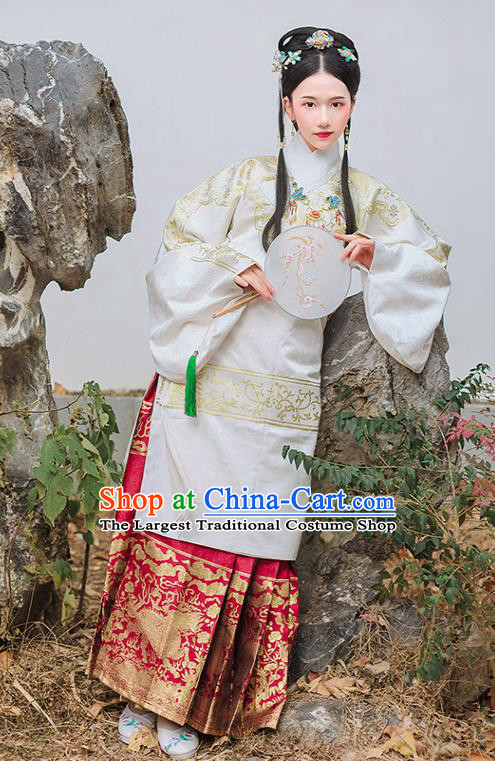 Chinese Traditional Ming Dynasty Palace Historical Costume Ancient Princess White Blouse and Red Horse Face Skirt Complete Set