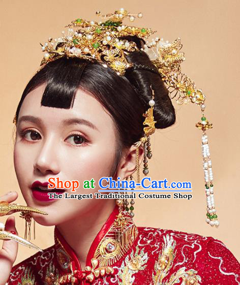 Top Grade Chinese Ancient Bride Hairpins Jade Phoenix Coronet Traditional Hair Accessories Headdress for Women