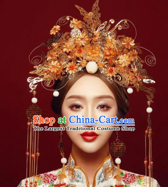 Top Grade Chinese Ancient Bride Wedding Golden Butterfly Phoenix Coronet Traditional Hair Accessories Headdress for Women