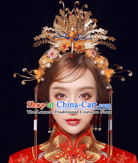 Top Grade Chinese Ancient Bride Wedding Golden Phoenix Coronet Traditional Hair Accessories Headdress for Women