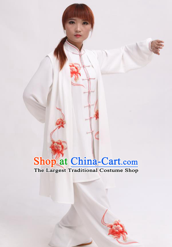Chinese Traditional Tai Chi Printing Red Peony Costume Martial Arts Tai Ji Competition Clothing for Women