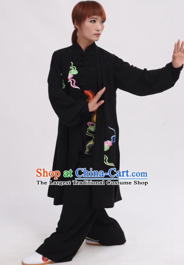 Chinese Traditional Tai Chi Printing Phoenix Black Costume Martial Arts Tai Ji Competition Clothing for Women