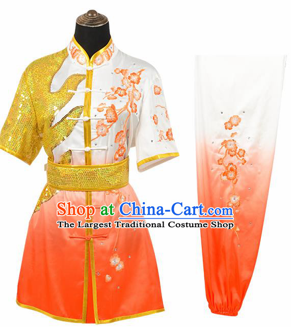 Chinese Traditional Tang Suit Embroidered Plum Blossom Orange Costume Martial Arts Tai Ji Competition Clothing for Men