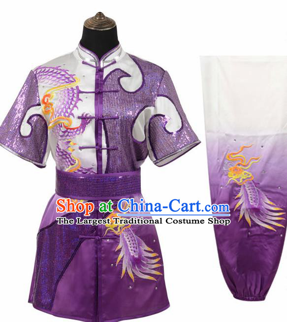 Chinese Traditional Tang Suit Embroidered Dragon Purple Costume Martial Arts Tai Ji Competition Clothing for Men