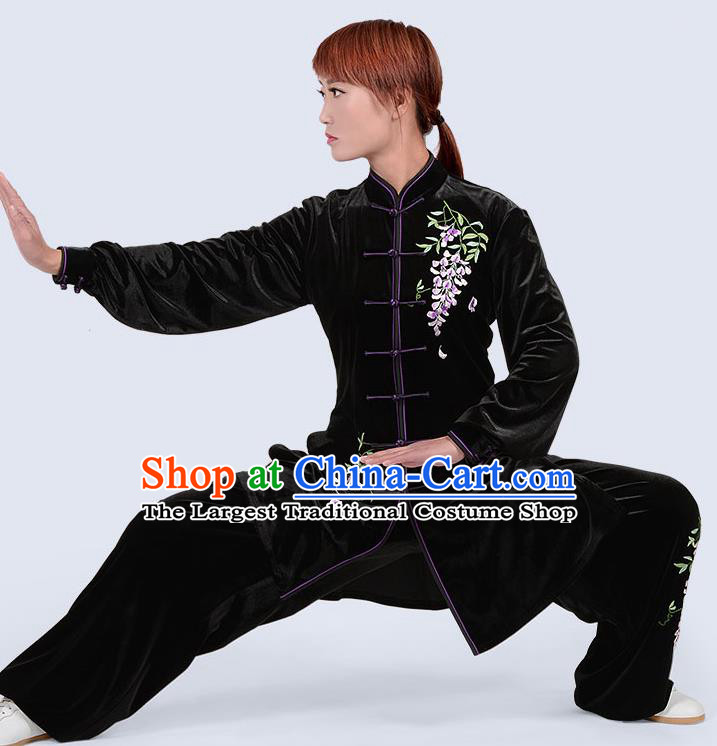 Chinese Traditional Kung Fu Embroidered Black Pleuche Costume Martial Arts Tai Ji Competition Clothing for Women