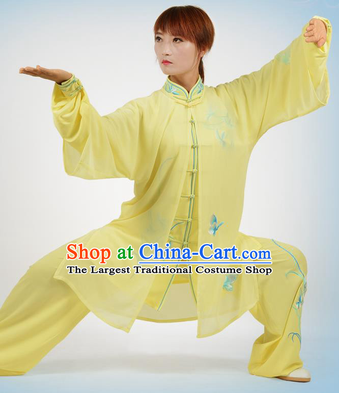 Chinese Traditional Kung Fu Printing Orchid Yellow Costume Martial Arts Tai Ji Competition Clothing for Women