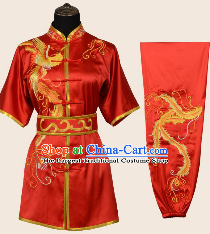 Chinese Traditional Kung Fu Embroidered Phoenix Red Costume Martial Arts Competition Clothing for Women