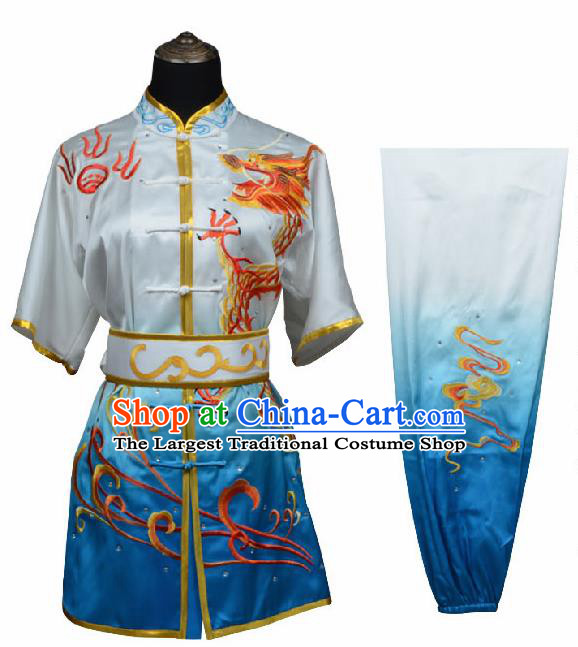 Chinese Traditional Kung Fu Embroidered Dragon Blue Costume Martial Arts Tai Ji Competition Clothing for Men