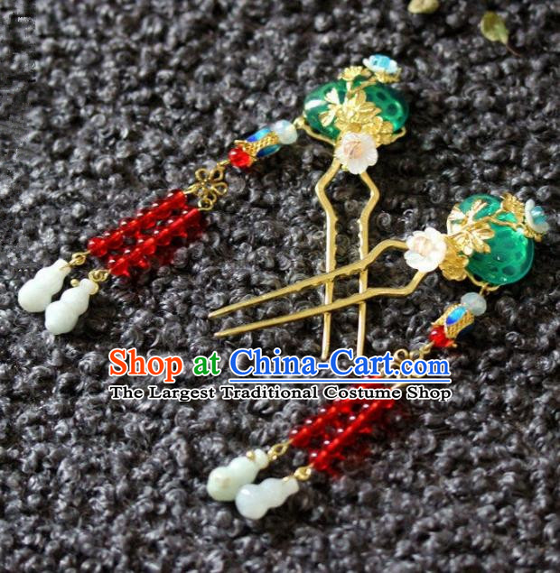 Handmade Chinese Ancient Green Grass Tassel Hairpins Traditional Hair Accessories Headdress for Women