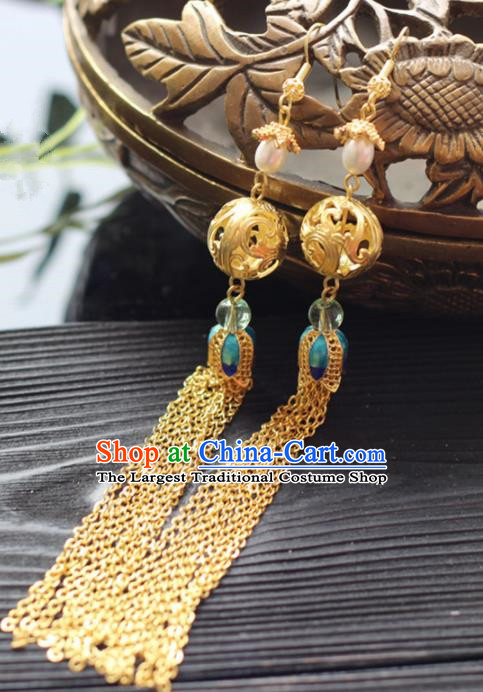 Chinese Handmade Hanfu Golden Tassel Earrings Traditional Ancient Palace Ear Accessories for Women