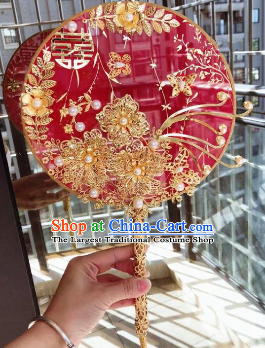 Chinese Handmade Bride Red Silk Palace Fans Wedding Accessories Classical Round Fan for Women