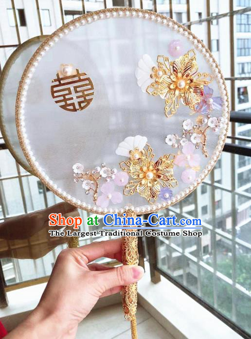 Chinese Handmade Bride Pearls Palace Fans Wedding Accessories Classical Round Fan for Women
