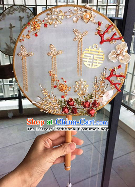 Chinese Handmade Bride Red Pomegranate Palace Fans Wedding Accessories Classical Round Fan for Women