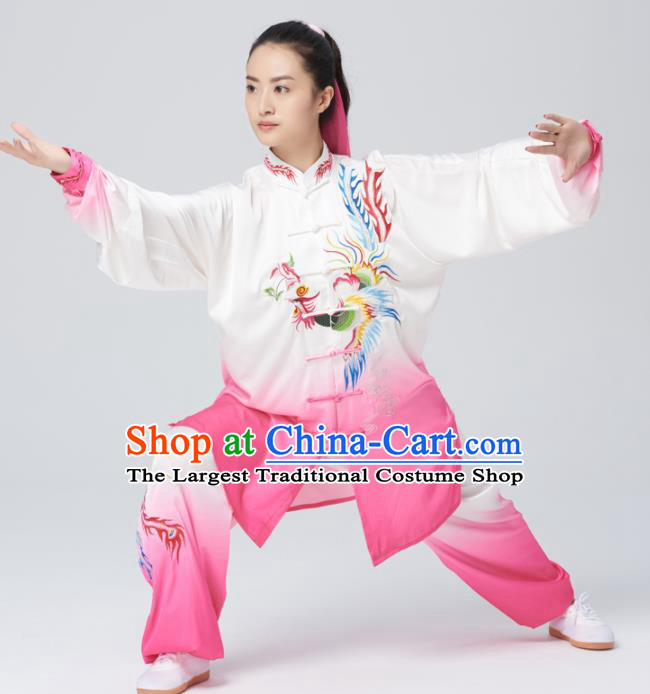 Chinese Traditional Tai Chi Group Rosy Costume Martial Arts Kung Fu Competition Embroidered Phoenix Clothing for Women