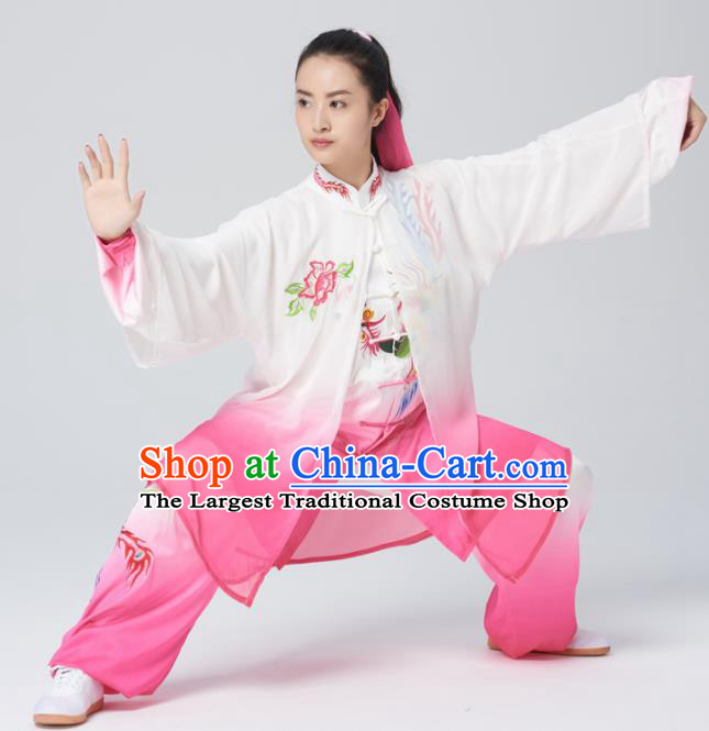 Chinese Traditional Tai Chi Group Rosy Silk Costume Martial Arts Kung Fu Competition Embroidered Phoenix Clothing for Women