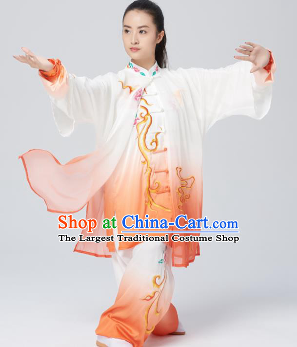 Chinese Traditional Tai Chi Group Embroidered Orange Costume Martial Arts Kung Fu Competition Green Silk Clothing for Women
