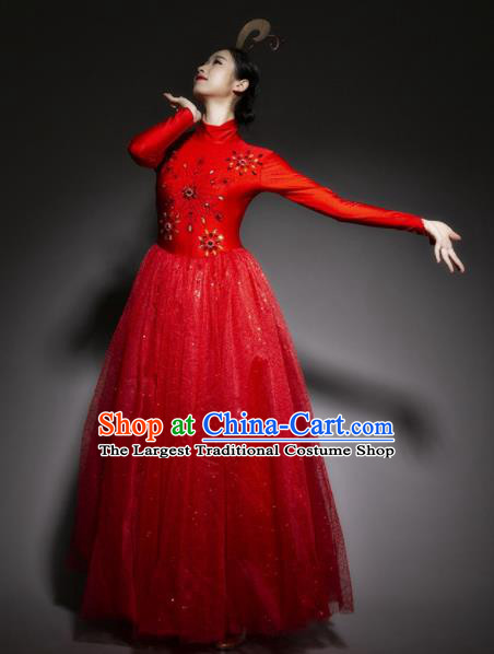 Chinese Traditional National Dance Red Veil Dress Modern Dance Stage Performance Costume for Women