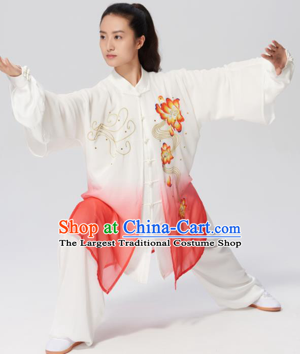 Chinese Traditional Tai Chi Group Embroidered Peony Rosy Costume Martial Arts Kung Fu Competition Clothing for Women