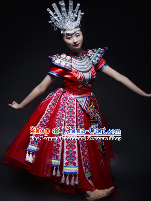 Chinese Traditional Miao Nationality Wedding Costume Ethnic Folk Dance Red Dress for Women