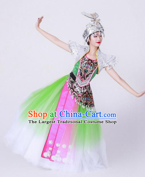 Chinese Traditional Miao Nationality Costume Hmong Ethnic Folk Dance Green Dress for Women
