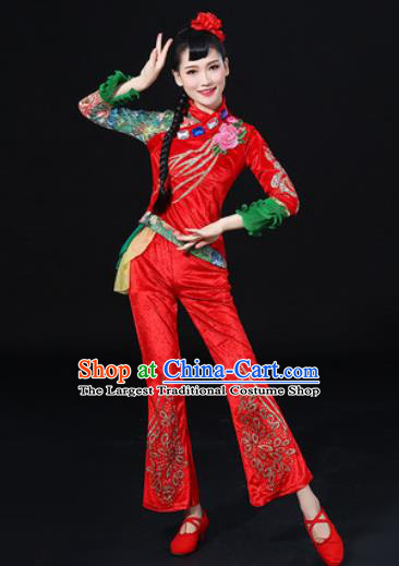 Chinese Traditional Fan Dance Red Clothing Group Yangko Dance Folk Dance Stage Performance Costume for Women