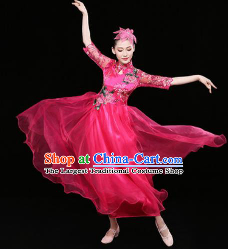Chinese Traditional Chorus Rosy Dress Spring Festival Gala Dance Stage Performance Costume for Women