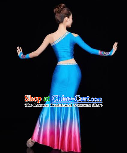 Traditional Chinese Dai Nationality Folk Dance Deep Blue Dress National Ethnic Peacock Dance Costume for Women