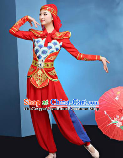 Traditional Chinese Folk Dance Stage Show Clothing Group Drum Dance Red Costume for Women