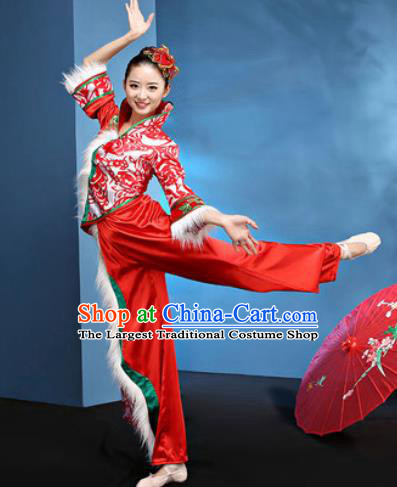 Traditional Chinese Folk Dance Stage Show Clothing Group Fan Dance Yangko Red Costume for Women
