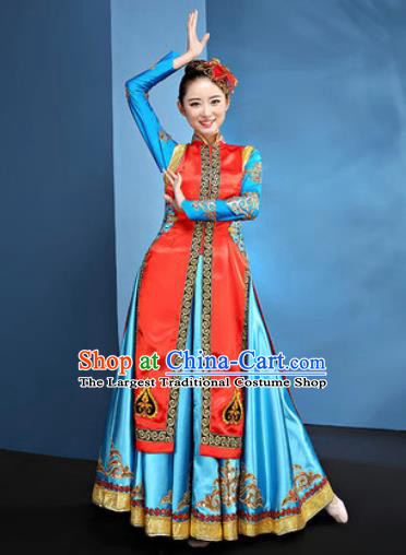 Traditional Chinese Mongol Nationality Blue Dress National Ethnic Folk Dance Mongolian Costume for Women
