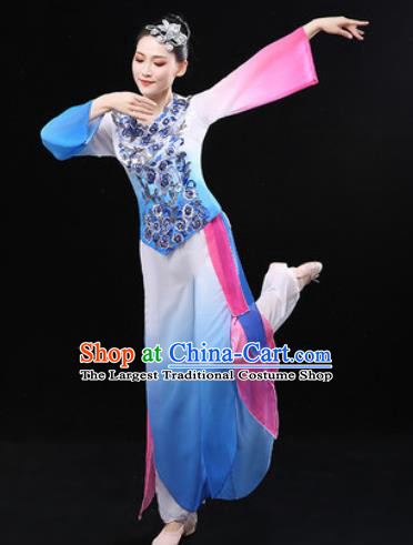 Chinese Traditional Fan Dance Blue Clothing Folk Dance Group Yangko Dance Stage Performance Costume for Women