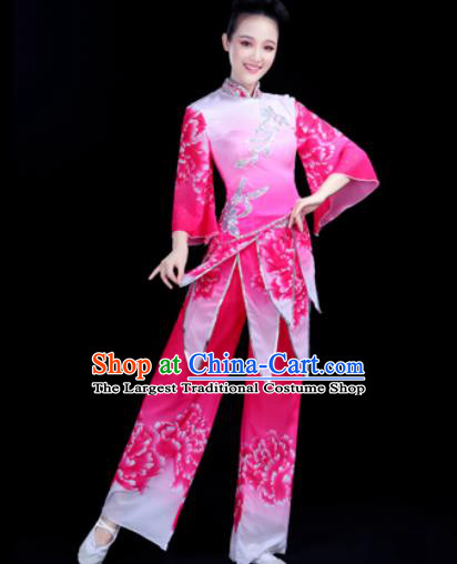 Traditional Chinese Spring Festival Folk Dance Rosy Clothing Yangko Dance Fan Dance Costume for Women